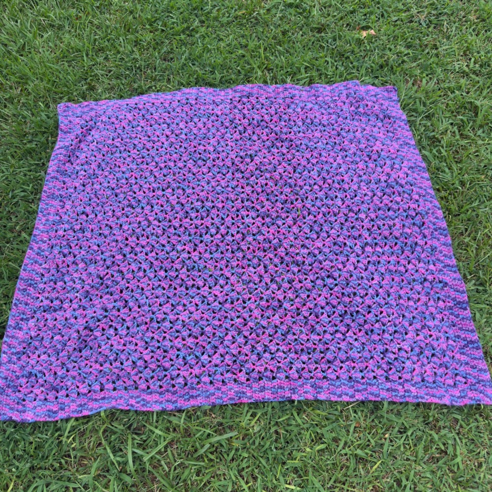 Handmade Crochet Throw Blanket Purple Blue Magenta Shell Stitch Afghan 48x42